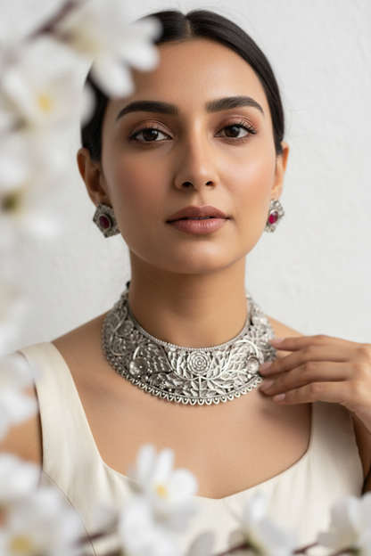 Vasundhara Viraasat Silver Look Hasli Necklace Set with Stone Earrings Online