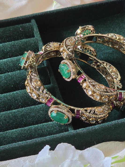 Emerald Aura Victorian CZ Kada | Designer Openable Statement Bangles for Women