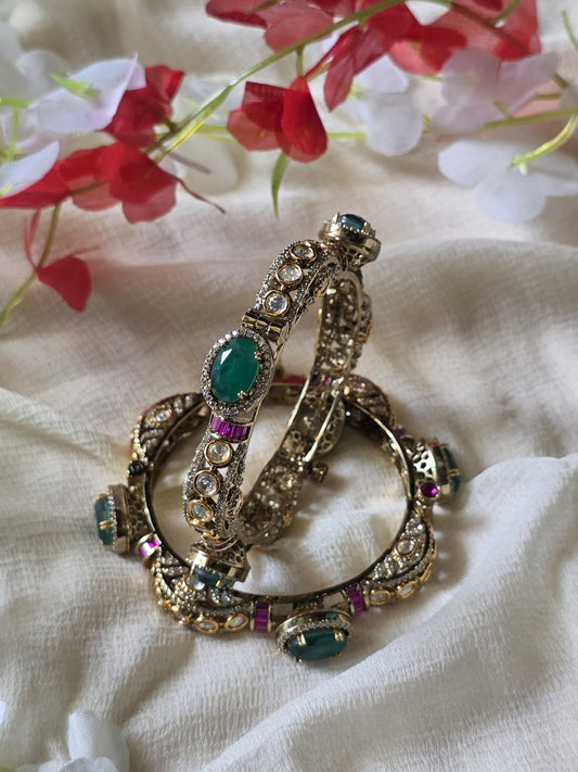 Emerald Aura Victorian CZ Kada | Designer Openable Statement Bangles for Women