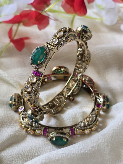 Emerald Aura Victorian CZ Kada | Designer Openable Statement Bangles for Women