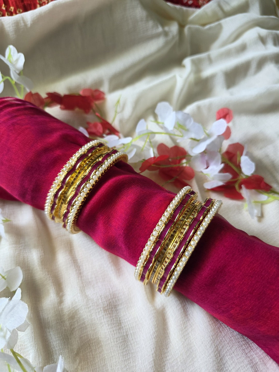 Rajwada Pearl & Ruby Bangle Set | Gold Plated Traditional Bridal Bangles for Women