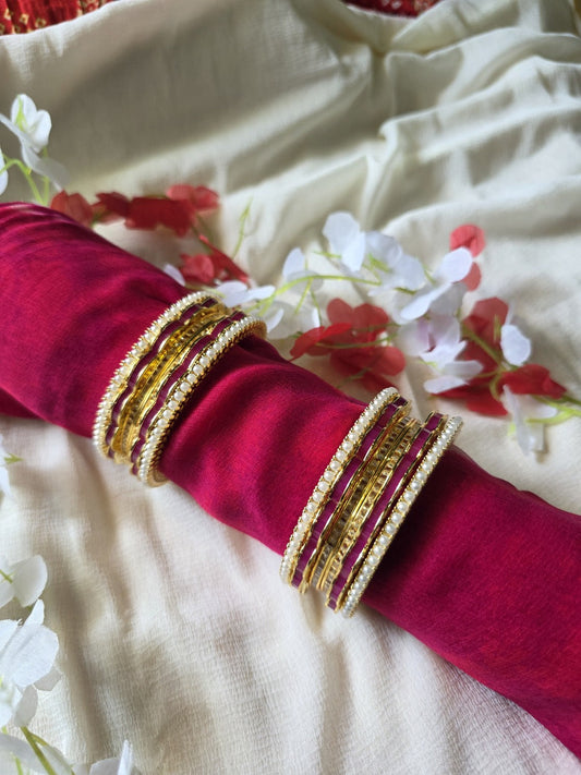 Rajwada Pearl & Ruby Bangle Set | Gold Plated Traditional Bridal Bangles for Women