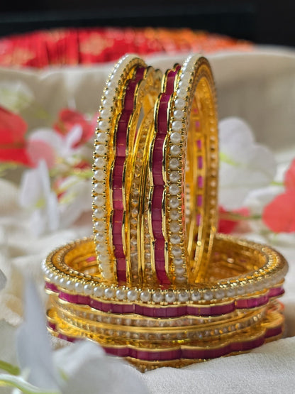 Rajwada Pearl & Ruby Bangle Set | Gold Plated Traditional Bridal Bangles for Women