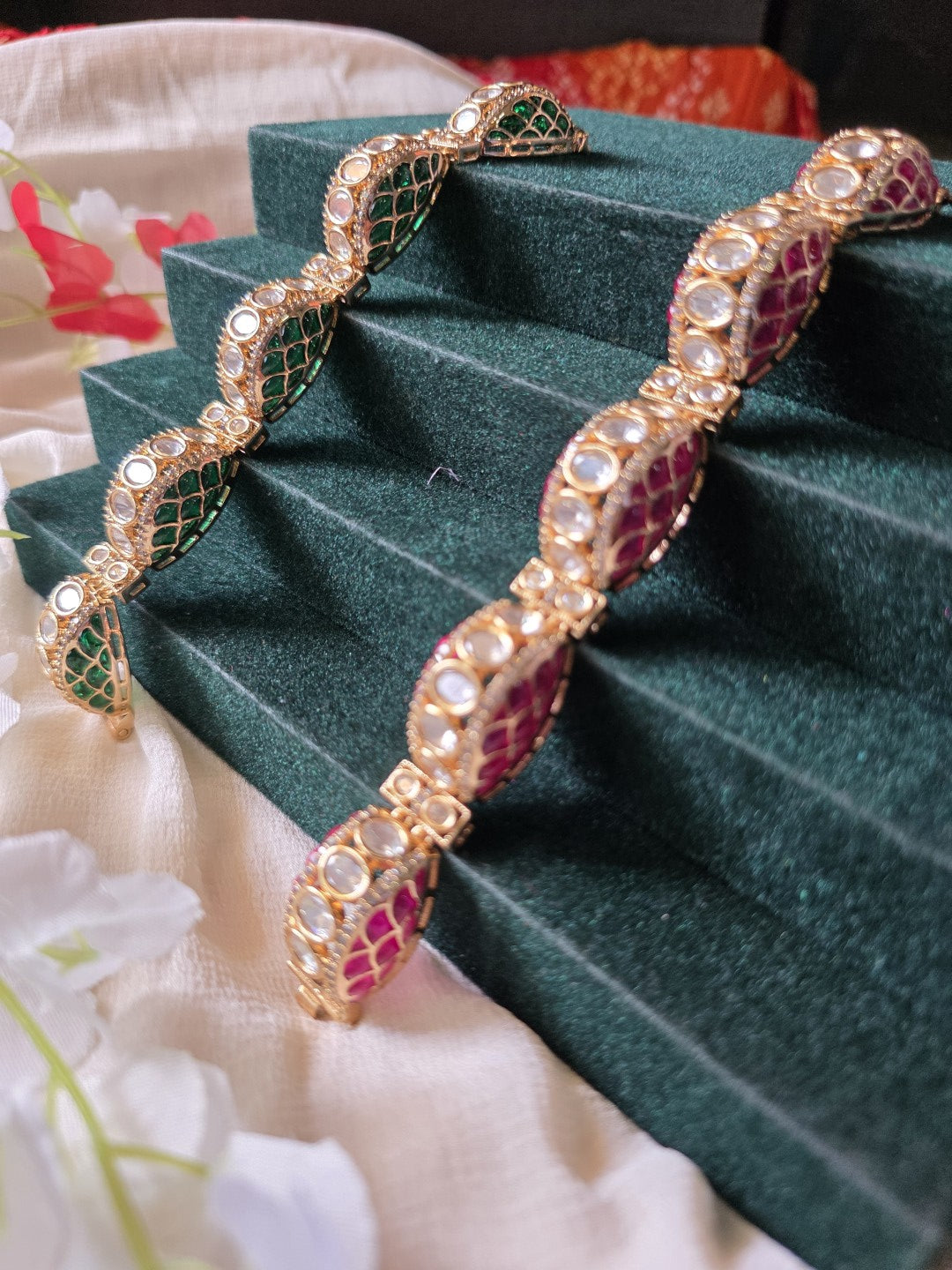 Mayurika Polki Moissanite Meenakari Kada Bracelet  Premium Openable Bracelet with CZ Diamonds | Dual Tone Bridal & Festive Jewellery