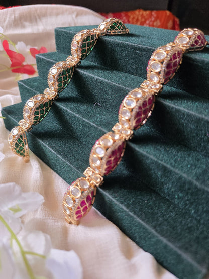 Mayurika Polki Moissanite Meenakari Kada Bracelet  Premium Openable Bracelet with CZ Diamonds | Dual Tone Bridal & Festive Jewellery