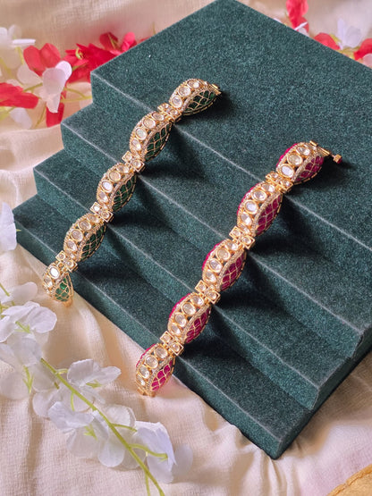 Mayurika Polki Moissanite Meenakari Kada Bracelet  Premium Openable Bracelet with CZ Diamonds | Dual Tone Bridal & Festive Jewellery