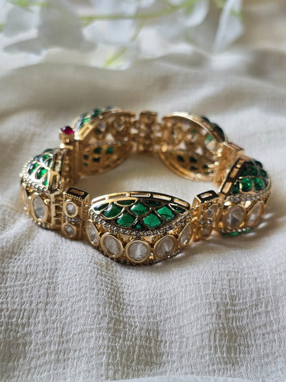 Mayurika Polki Moissanite Meenakari Kada Bracelet  Premium Openable Bracelet with CZ Diamonds | Dual Tone Bridal & Festive Jewellery