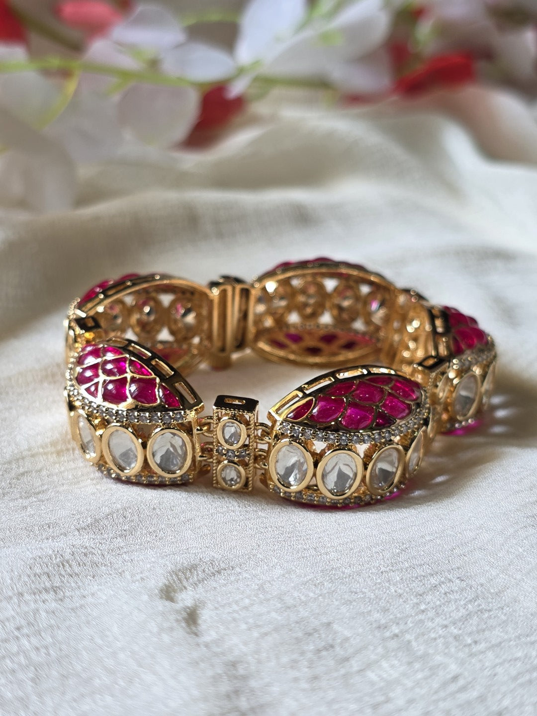 Mayurika Polki Moissanite Meenakari Kada Bracelet  Premium Openable Bracelet with CZ Diamonds | Dual Tone Bridal & Festive Jewellery