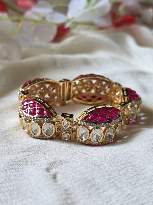 Mayurika Polki Moissanite Meenakari Kada Bracelet  Premium Openable Bracelet with CZ Diamonds | Dual Tone Bridal & Festive Jewellery