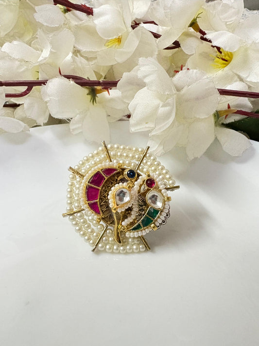 Mayur Milan Dual Tone Kundan Pearl Statement Ring

Handcrafted Adjustable Designer Ring | Heritage Peacock Motif Cocktail Ring | Pearl & Kundan Ethnic Jewellery