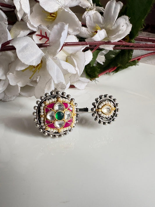 Rajtilak Dual Tone Kundan Hathphool Ring

Handcrafted Adjustable Finger Ring | Antique Silver & Gold Kundan Hand Harness Ring | Heritage Statement Jewellery