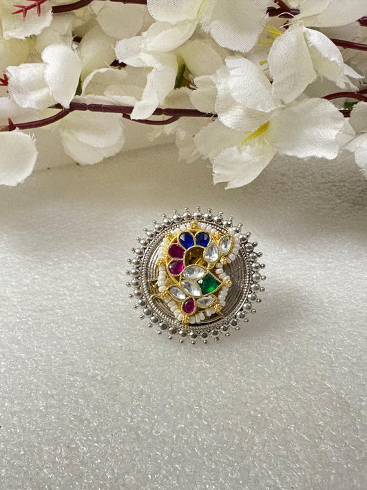 Mayurang Dual Tone Navratna Kundan Ring

Handcrafted Adjustable Statement Ring | Antique Silver & Gold Kundan Cocktail Ring | Heritage Fusion Jewellery