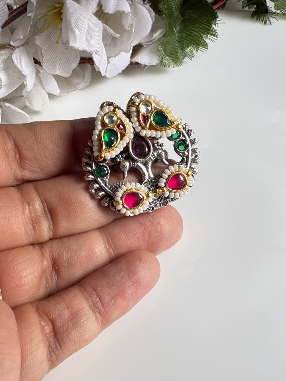 Morbagh Dual Tone Kundan Heritage Statement Ring

Handcrafted Adjustable Peacock Ring | Antique Silver & Gold Kundan Cocktail Ring | Designer Ethnic Jewellery