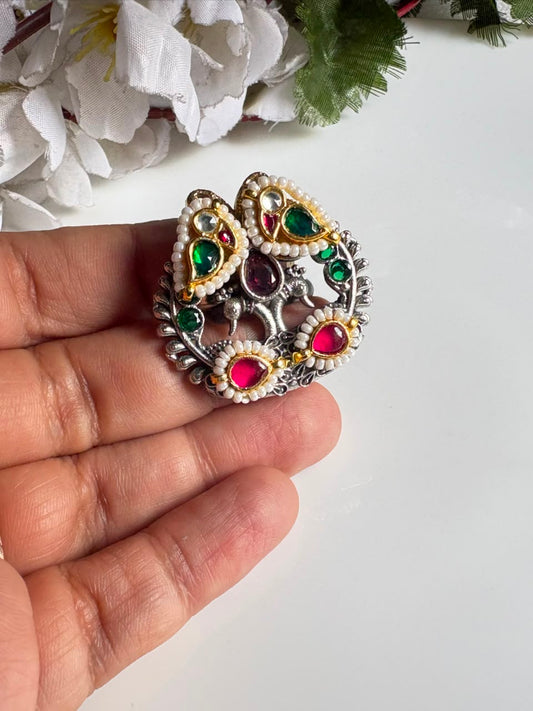 Morbagh Dual Tone Kundan Heritage Statement Ring

Handcrafted Adjustable Peacock Ring | Antique Silver & Gold Kundan Cocktail Ring | Designer Ethnic Jewellery