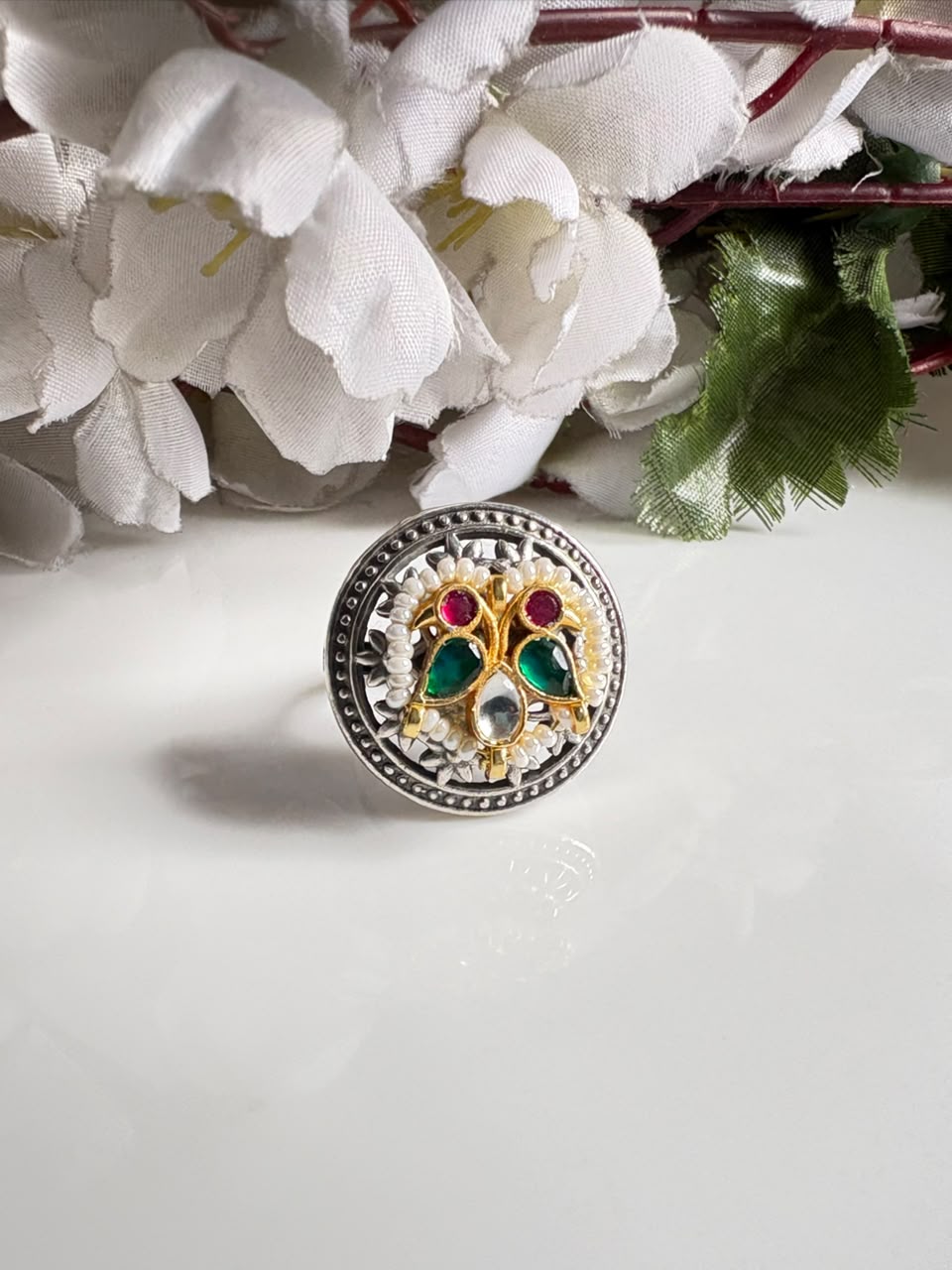 Mayurika Dual Tone Kundan Heritage Statement Ring

Handcrafted Adjustable Dual Tone Cocktail Ring | Antique Silver & Gold Kundan Ring | Designer Ethnic Jewellery