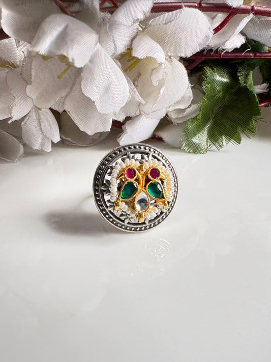 Mayurika Dual Tone Kundan Heritage Statement Ring

Handcrafted Adjustable Dual Tone Cocktail Ring | Antique Silver & Gold Kundan Ring | Designer Ethnic Jewellery