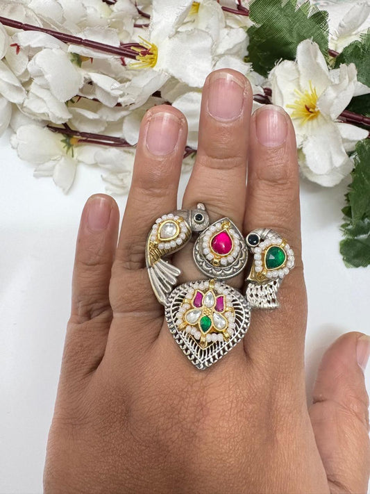 Mayurika Kundan Dual Tone Peacock Statement Ring

Handcrafted Antique Silver Dual Tone Peacock Ring | Kundan Adjustable Cocktail Ring | Designer Ethnic Statement Jewellery