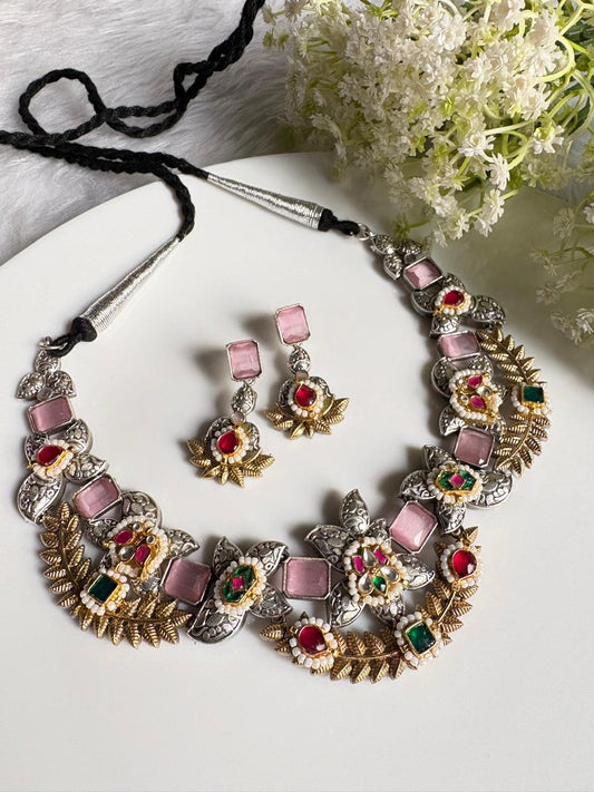 Rajatarangini Kundan Hasli Set | Dual-Tone Kundan Hasli Necklace Set with Earrings | Premium SLA Polish Traditional Indian Jewellery