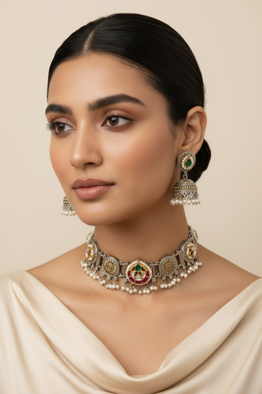 Bestseller Kundan Dual Tone Choker with Jhumkis | Brass Base Silver Look Alike Polish | Kundan Fusion Necklace Set  Limited Edition by Alankrent