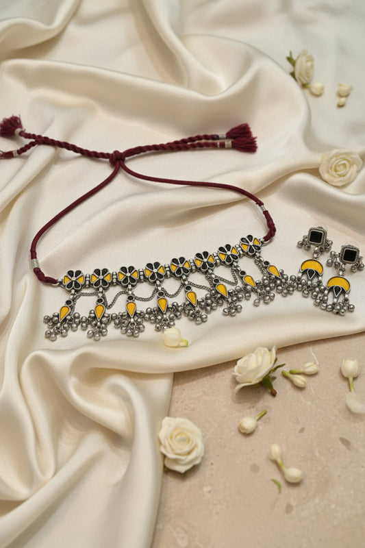 Maruchandrikā Afghani Choker Set | Limited Edition Afghani Choker with Mirror Detailing & Long Earrings | Traditional Ethnic Jewellery