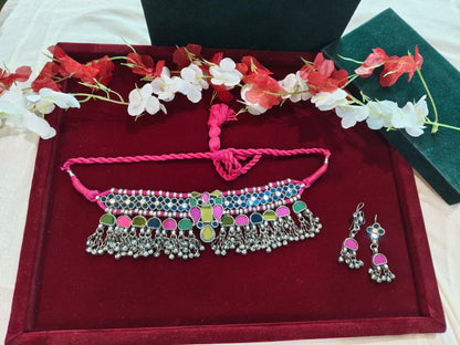 Rangdhārā Afghani Choker Set | Multicolour Afghani Choker with Mirror Detailing & Earrings | Traditional Ethnic Jewellery