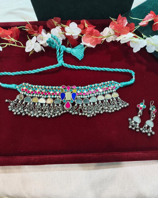 Rangdhārā Afghani Choker Set | Multicolour Afghani Choker with Mirror Detailing & Earrings | Traditional Ethnic Jewellery