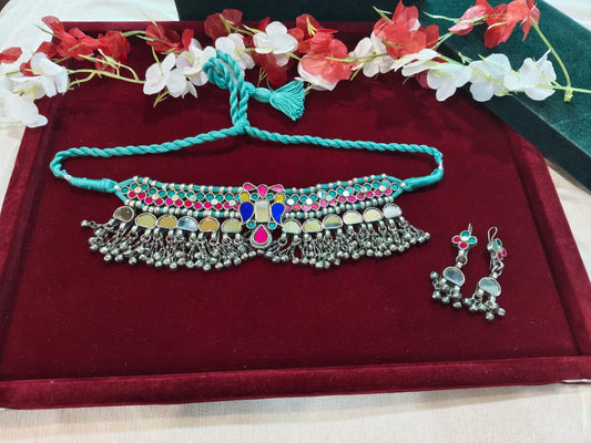 Rangdhārā Afghani Choker Set | Multicolour Afghani Choker with Mirror Detailing & Earrings | Traditional Ethnic Jewellery