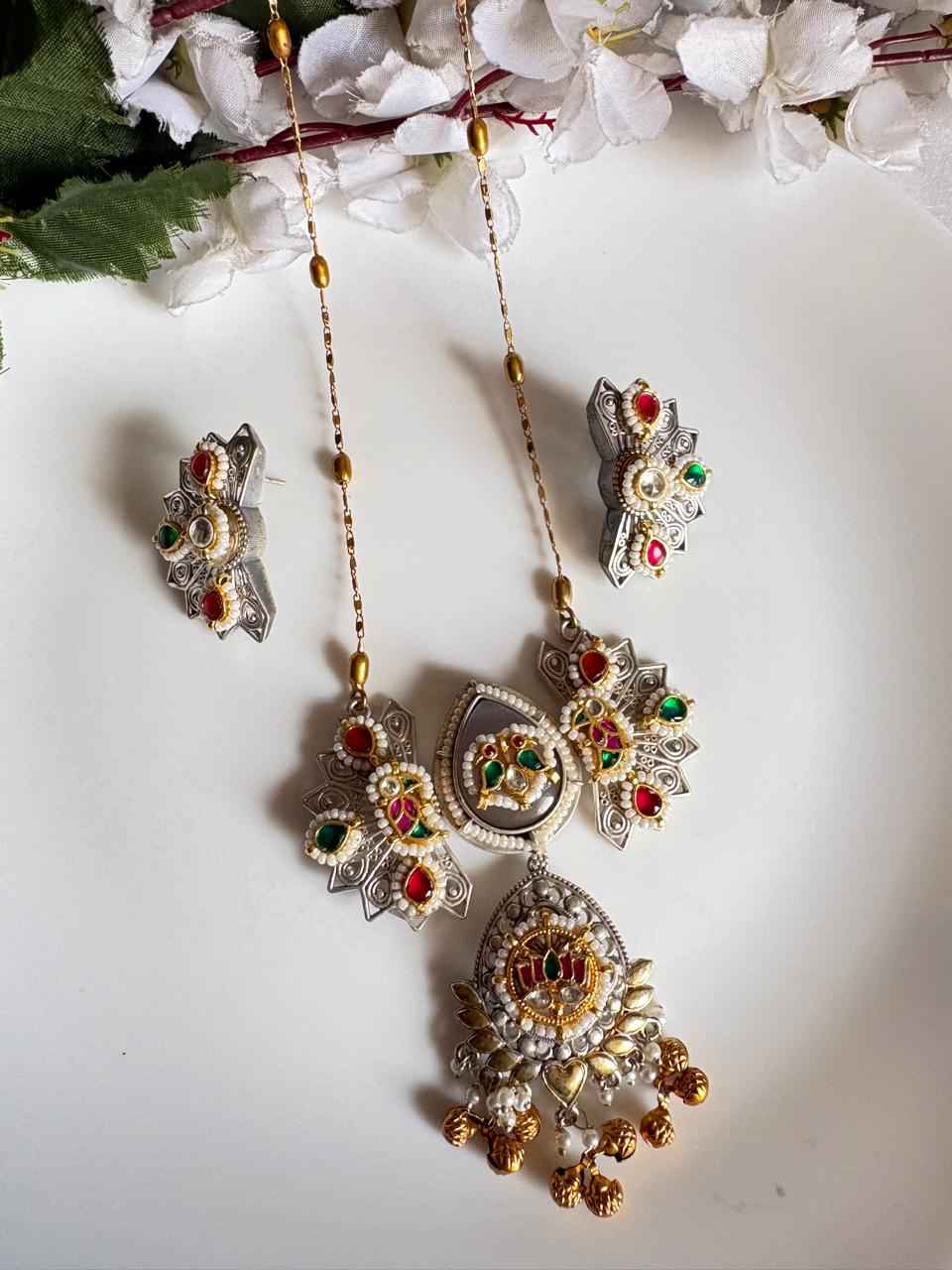 MeherKiran Dual Tone Long Necklace Set | SLA Dual Tone Long Necklace Set with Kundan Fusion & Earrings | Statement Jewellery