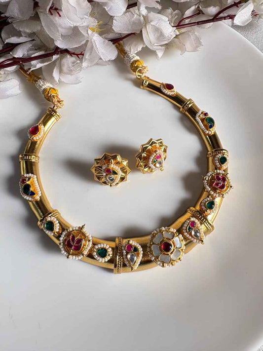 SvarnaMira MOP Hasli Set | Gold Matte Hasli Necklace Set with MOP Kundan Fusion & Earrings | Statement Jewellery