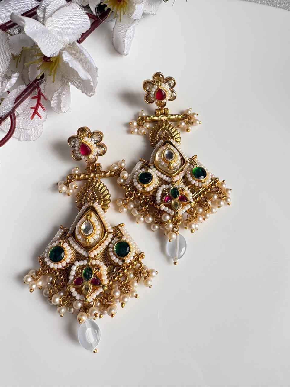 NoorVira Kundan Earrings | Premium Kundan Pearl Drop Earrings | Statement Fusion Earrings