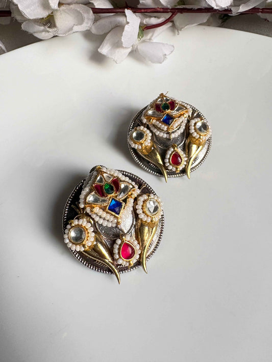 RajNoor Dualtone Kundan Stud Earrings | Dualtone SLA Kundan Stud Earrings | Premium Fusion Statement Earrings