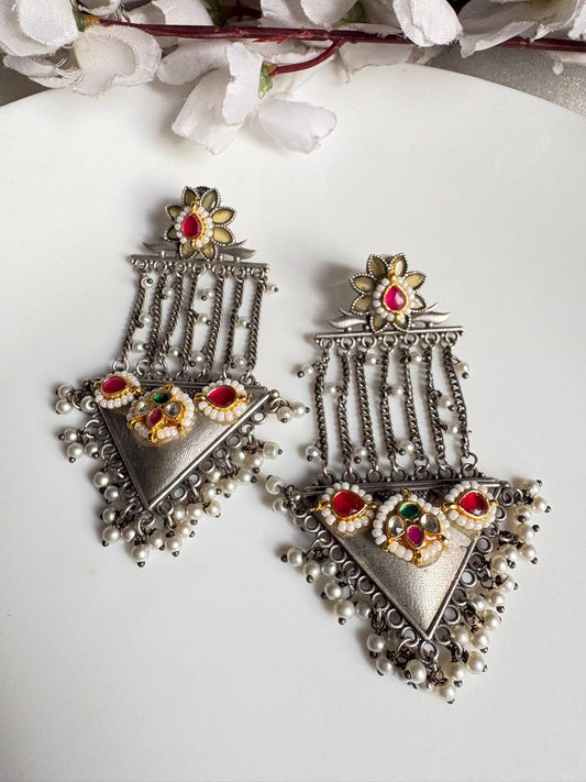 PearlJharokha Kundan Earrings | Dualtone Kundan Pearl Fringe Earrings | Statement Fusion Earrings