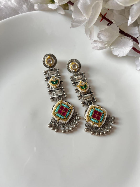 Suhana Premium SLA Kundan Fusion Earrings Online | Dual Tone Long Ethnic Earrings for Women