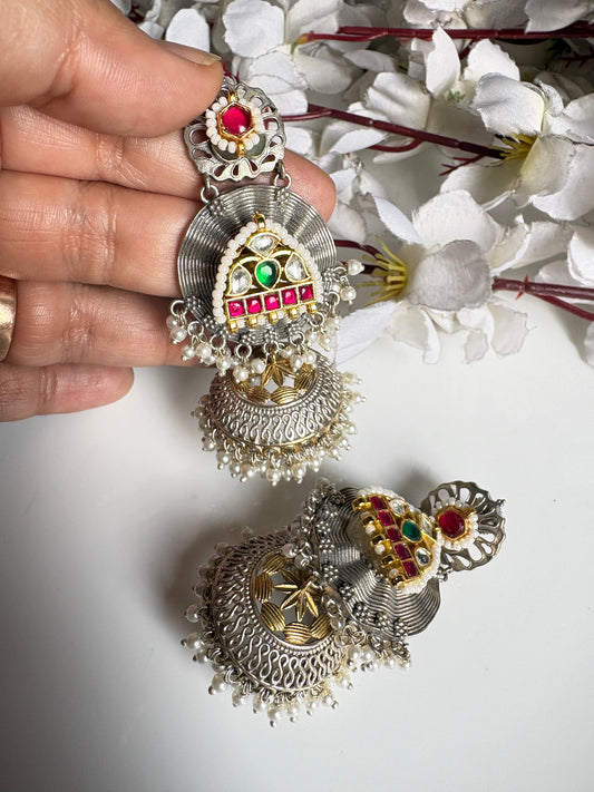 Devanshi Dual Tone Kundan Fusion Jhumka Earrings Online | Premium Ethnic Jhumkas for Women