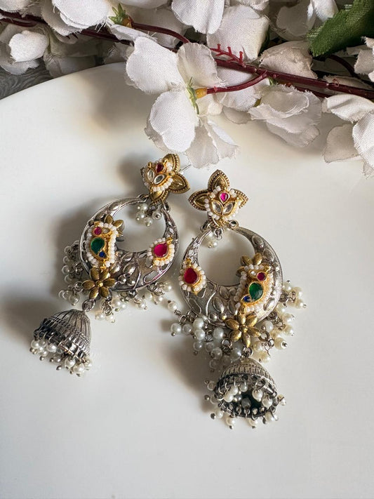 Mahira Dual Tone Kundan Jhumka Earrings Online | Premium Fusion Pearl Jhumkas for Women