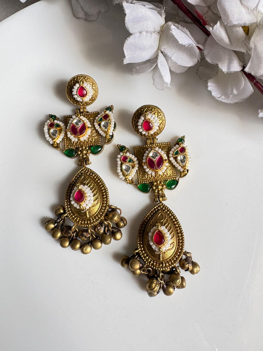 Tishaya Gold Matt Kundan Fusion Ghungroo Earrings | Premium Statement Earrings
