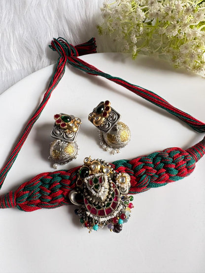 Rinita Kundan Thread Statement Jewellery Set | Pachi Kundan Brass Base Imitation Jewellery for Navratri