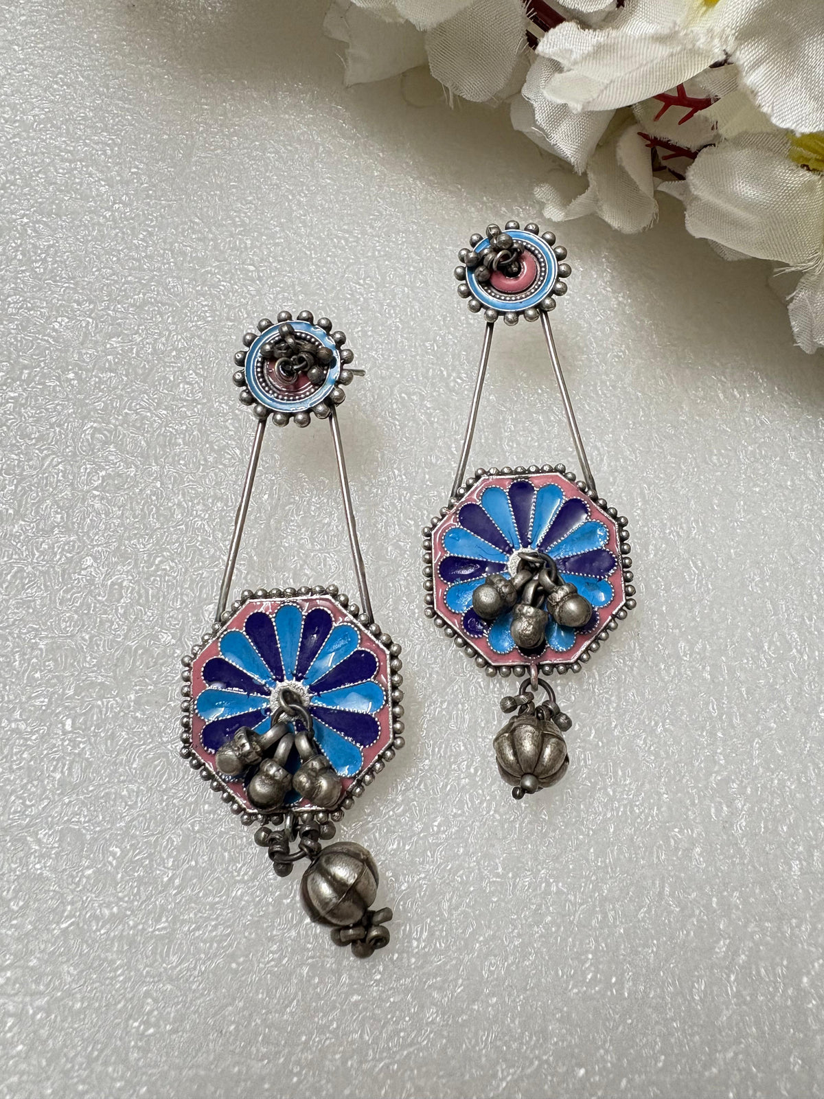 Hand-Painted Antique Ghungroo Drop Earrings
Handcrafted Enamel Earrings | Antique Silver Statement Earrings | Artisan Festive Jewellery