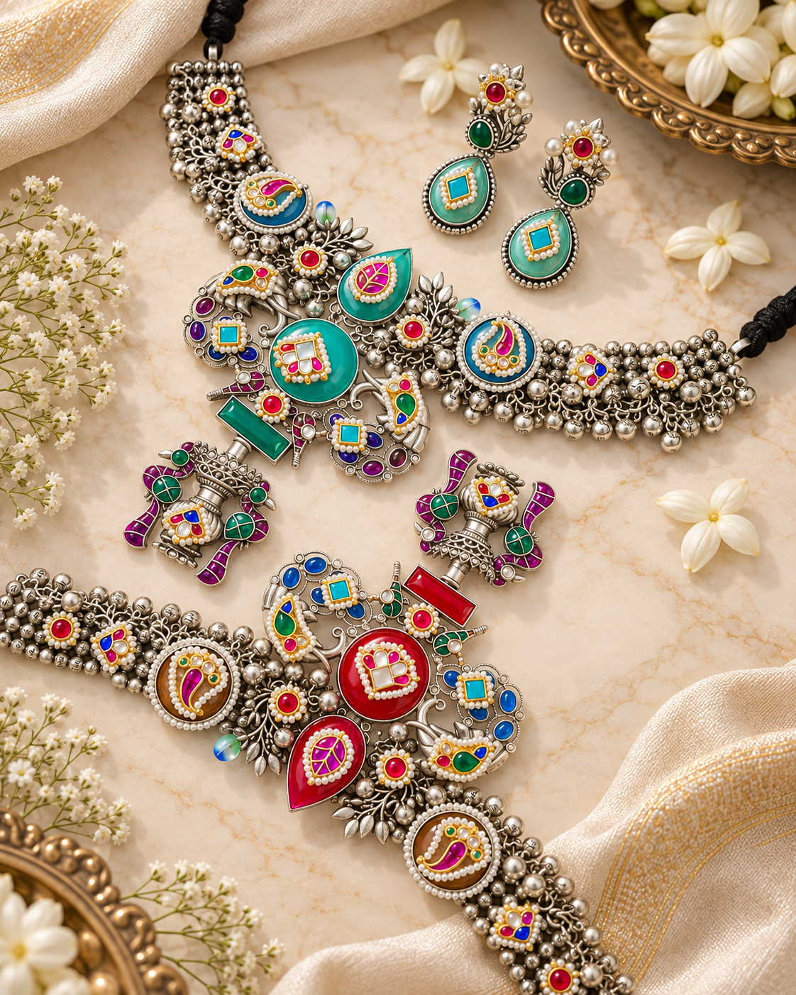 Rajhansini Rangika Multicolour Kundan Meenakari Necklace Set with Matching Earrings |  Silver Indian Jewellery
