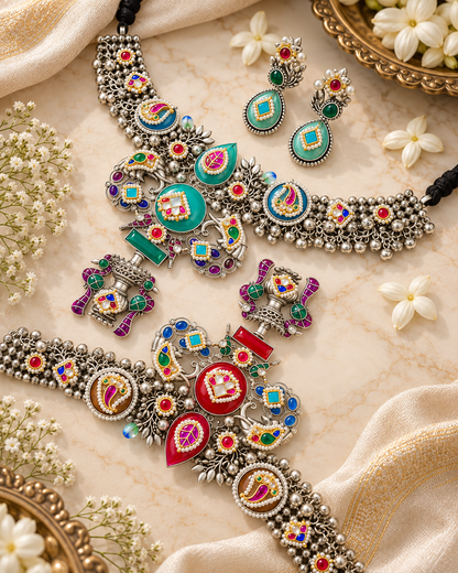 Rajhansini Rangika Multicolour Kundan Meenakari Necklace Set with Matching Earrings |  Silver Indian Jewellery
