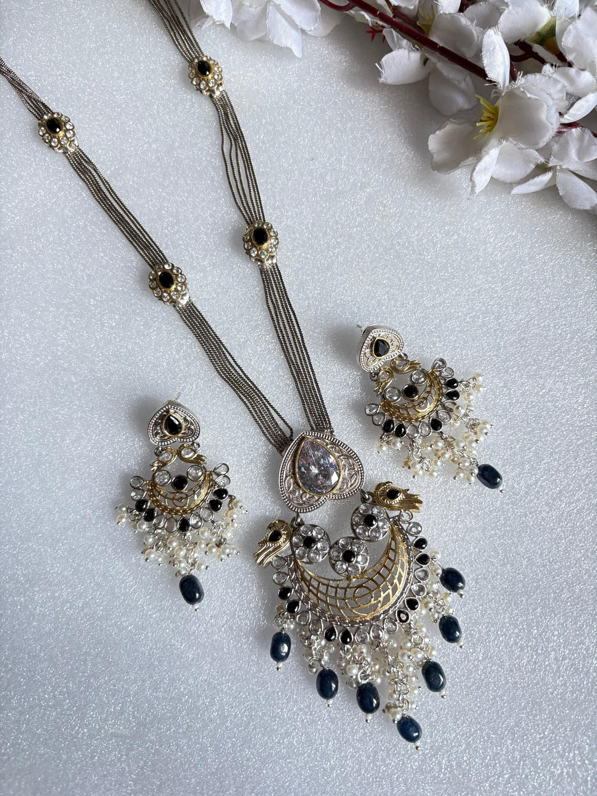 Mayurika Premium SLA Statement Necklace Set with Peacock Pendant & Earrings | Dual Tone Heritage Jewellery | Bridal & Festive Collection
