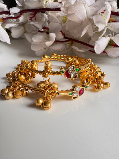 Pakshika Ghungharu Flexible Bangles | Gold Tone Kundan Fusion Bird Bangles for Women {PAIR} | Alankrent Luxe