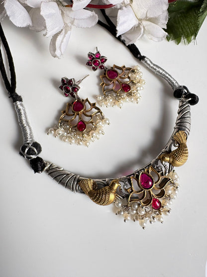 Mayurika Dualtone Thread Necklace Set with Lotus Pendant & Earrings