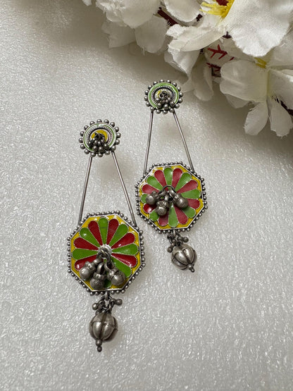 Hand-Painted Antique Ghungroo Drop Earrings
Handcrafted Enamel Earrings | Antique Silver Statement Earrings | Artisan Festive Jewellery