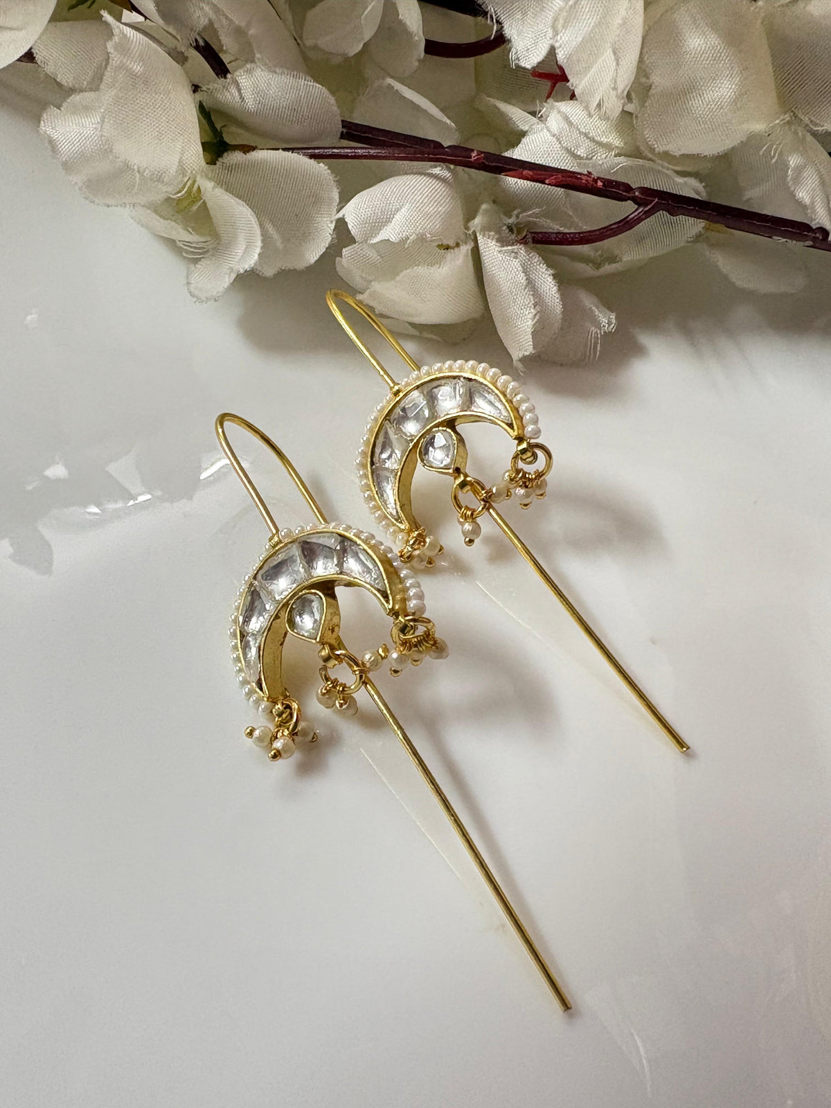 Premium Crescent Kundan Needle Earrings with Pearl Detailing Handcrafted Wedding and Festive Jewellery Alankrent Luxe - Alankrent Luxe