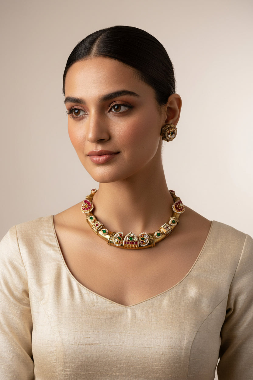 Royal Pacchi Kundan Gold Finish Choker Necklace Set With Multicolour Stones Earrings by Alankrent