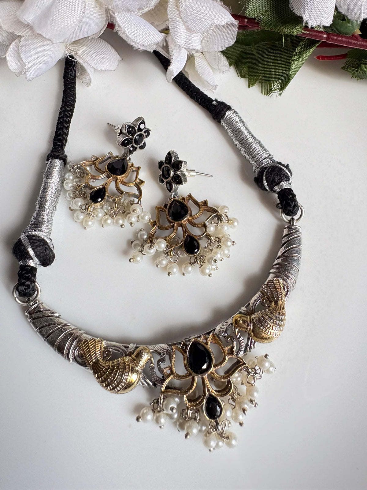 Mayurika Dualtone Thread Necklace Set with Lotus Pendant & Earrings