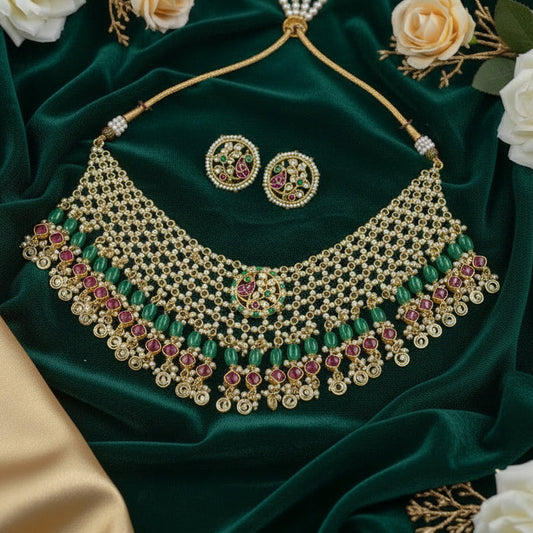 Noorvika Multilayer Kundan Pearl Mesh Choker Necklace Set Green Red Beads Traditional Jewellery | Premium Indian Jewellery