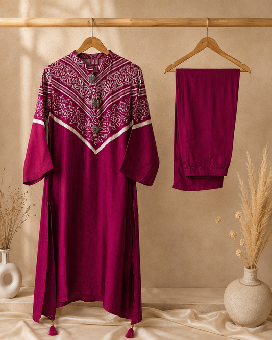 Aavriti Bandhniya Magenta Gajji Silk Bandhani 2-Piece Cord Set with Handwork & Tassels