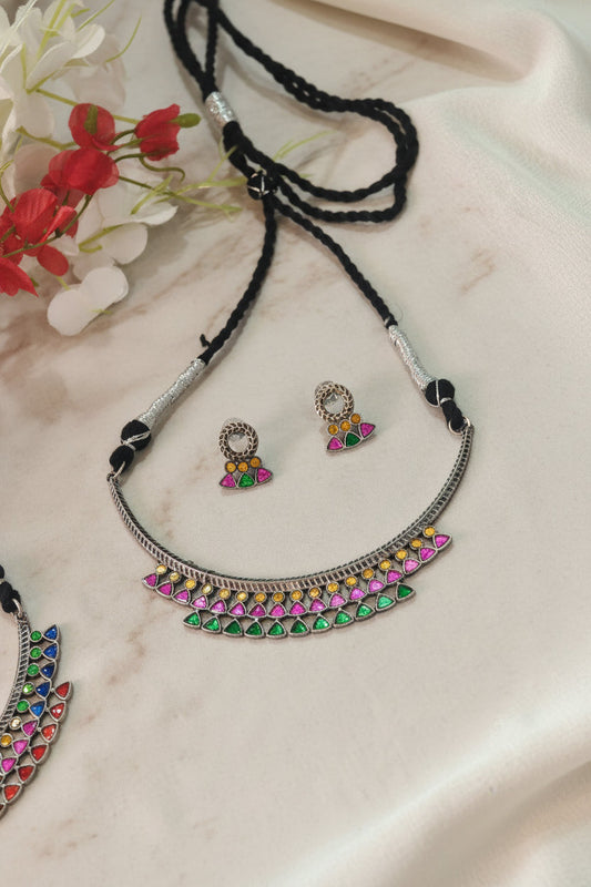Rangrez Afghani Multi Mirror Hasli Necklace Set | Oxidised Silver Navratri Jewellery